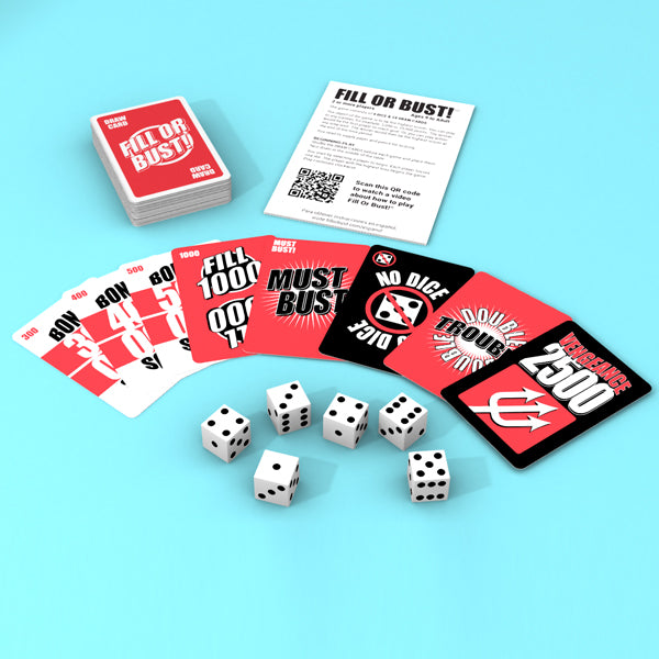 FILL OR BUST!' card game contents, including a 54 draw cards, six dice and instructions for play.
